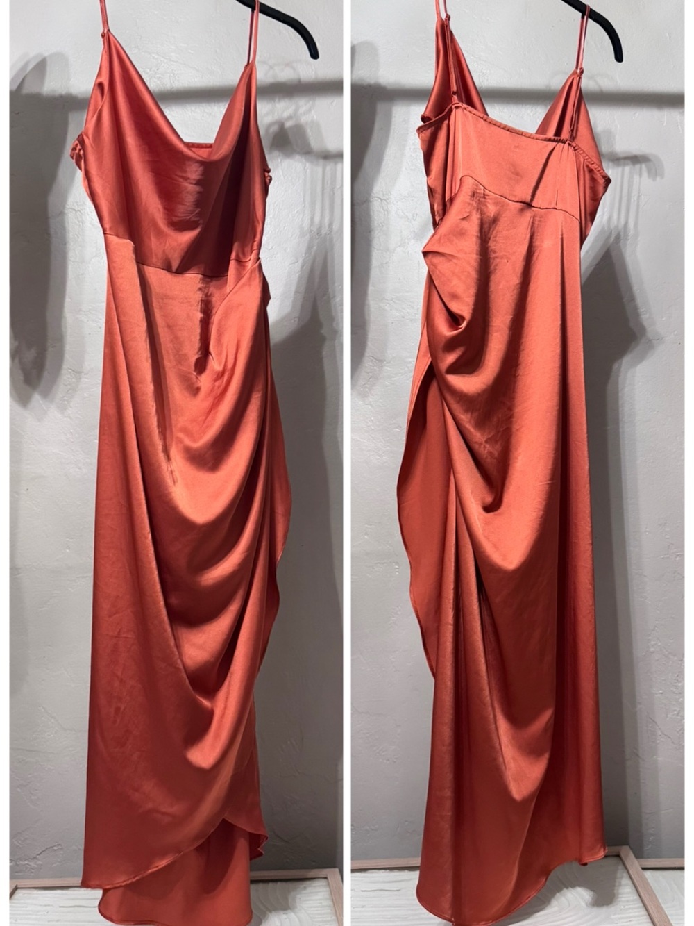 Terracotta Orange Satin Draped Maxi Slip Dress